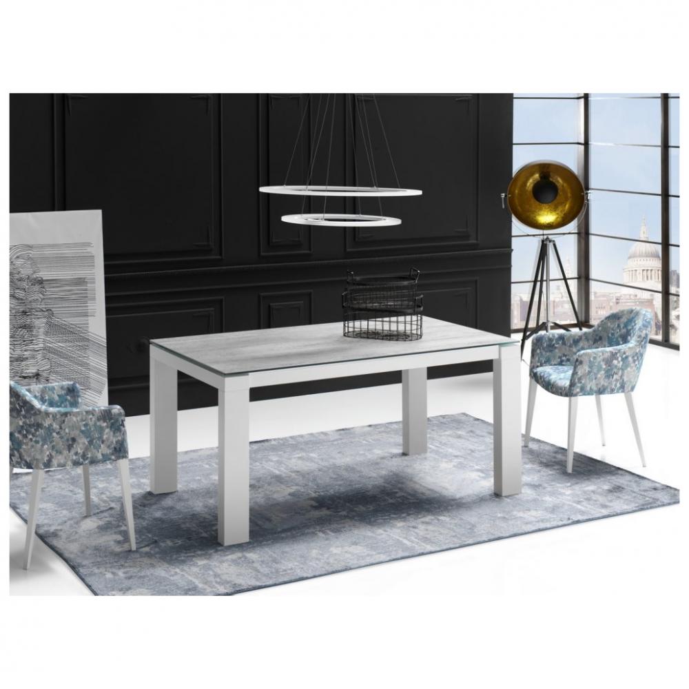 Table repas extensible ARMONIA 8 couverts 140/210x90cm pieds blancs plateau céramique gris