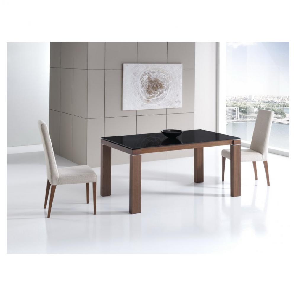 Table repas extensible ARMONIA 8 couverts 160/230x90cm pieds noyer plateau céramique noir 