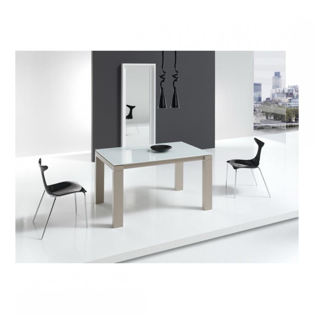 Table repas extensible ARMONIA 8 couverts 140/210x90cm pieds beiges plateau verre blanc