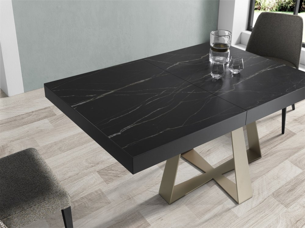 Table repas extensible CROSS 10 couverts 160/254x90cm pied métal plateau céramique noir