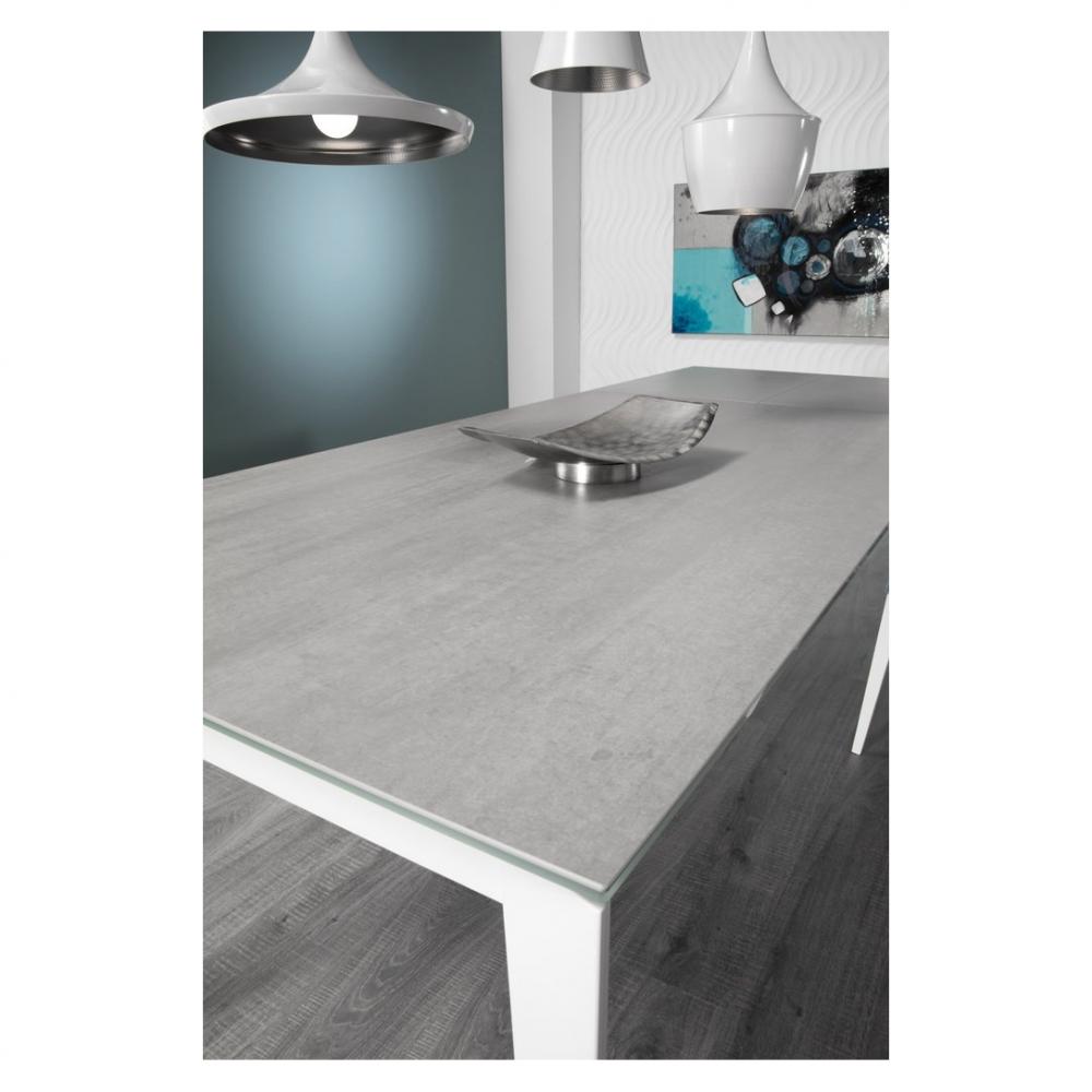 Table repas extensible GEO 10 couverts 180/250x100cm pieds blancs plateau céramique gris