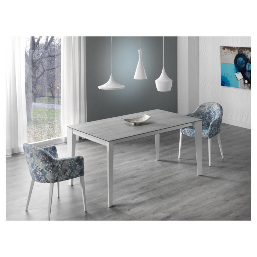 Table repas extensible GEO 10 couverts 160/260x90cm pieds blancs plateau céramique gris