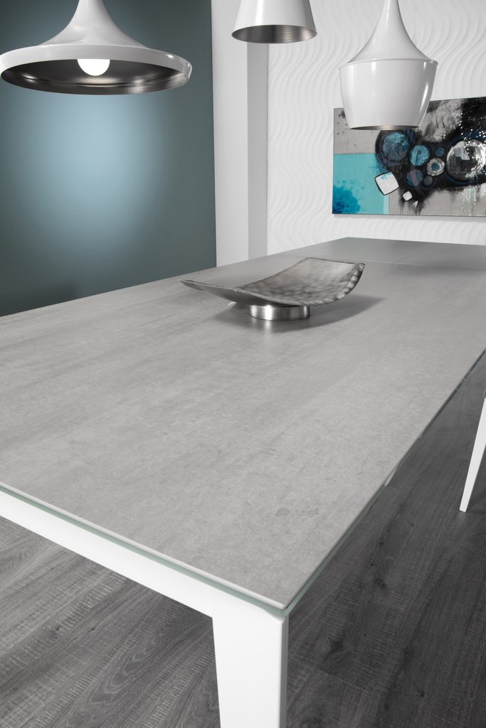 Table repas extensible GEO 10 couverts 160/260x90cm pieds blancs plateau céramique gris