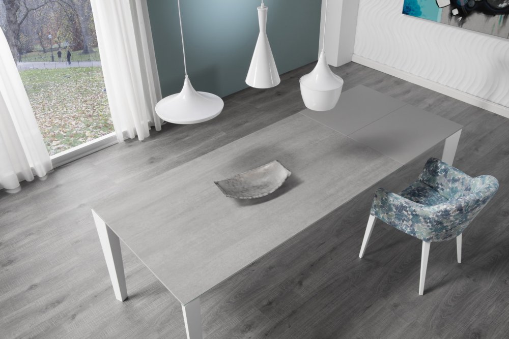 Table repas extensible GEO 10 couverts 160/260x90cm pieds blancs plateau céramique gris