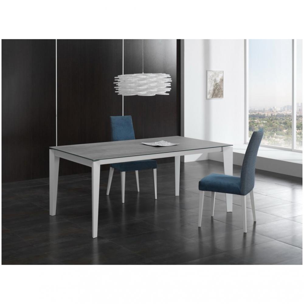 Table repas extensible GEO 12 couverts 200/270x100cm pieds blancs plateau céramique gris