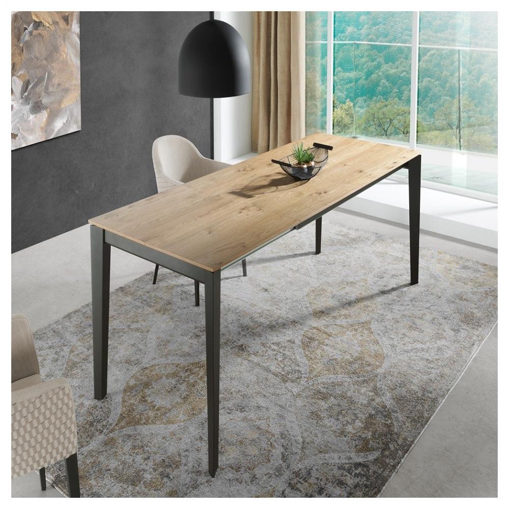 Table repas extensible GEO 12 couverts 200/270x100cm pieds noirs plateau chêne noueux