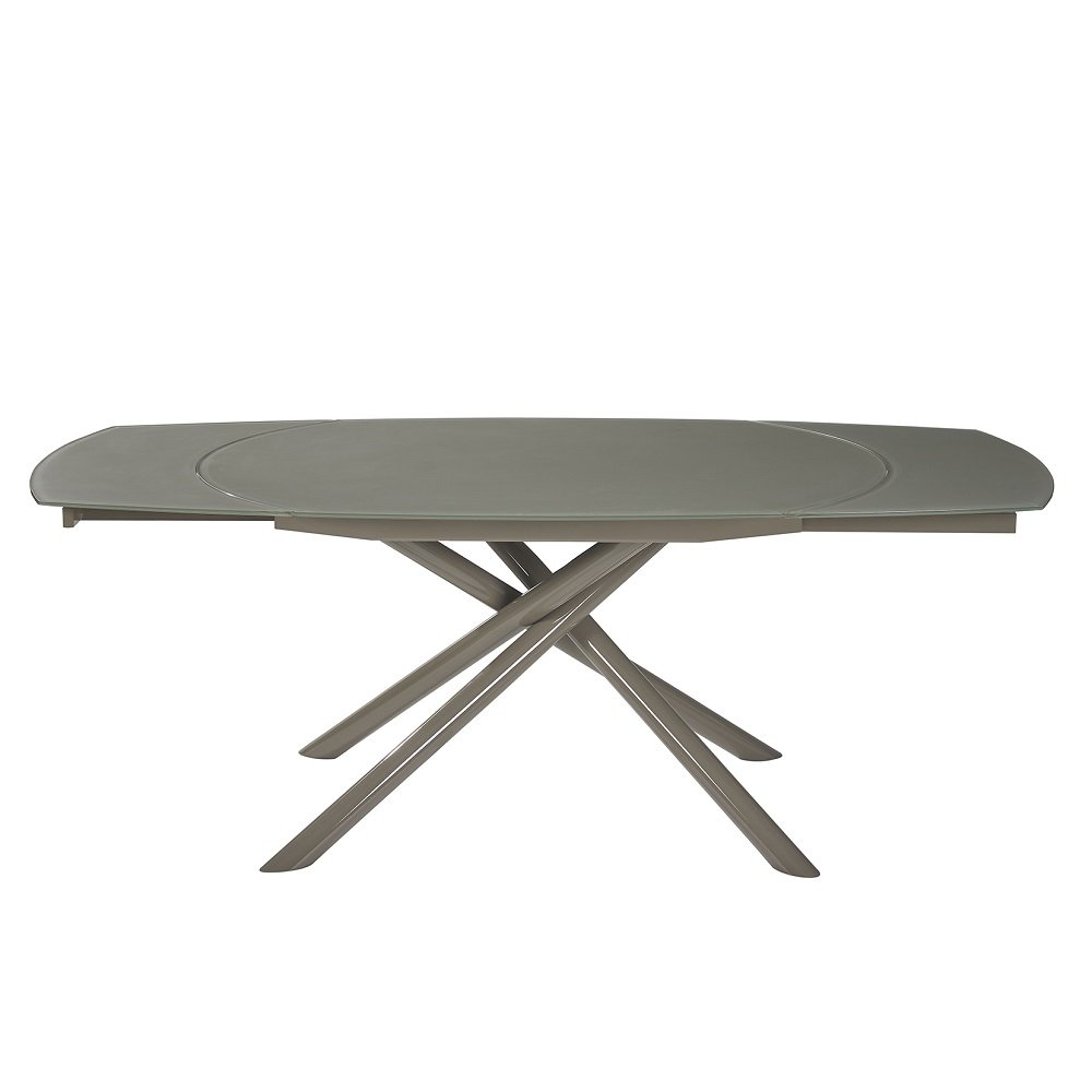 Table de repas extensible MIKADO plateau en verre trempé taupe, piétement en métal laqué brillant