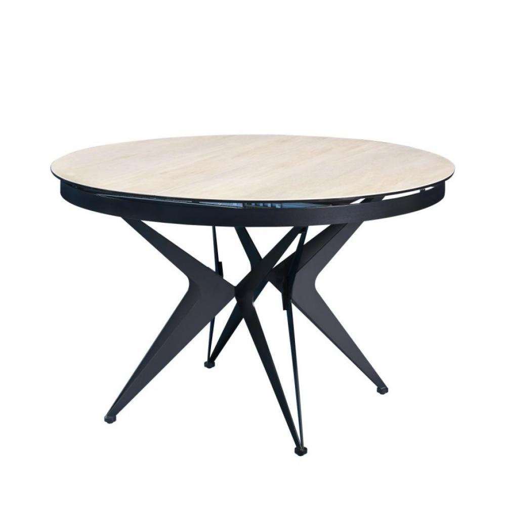 Table de repas ronde extensible RIVIERA plateau céramique beige piétement métal noir 