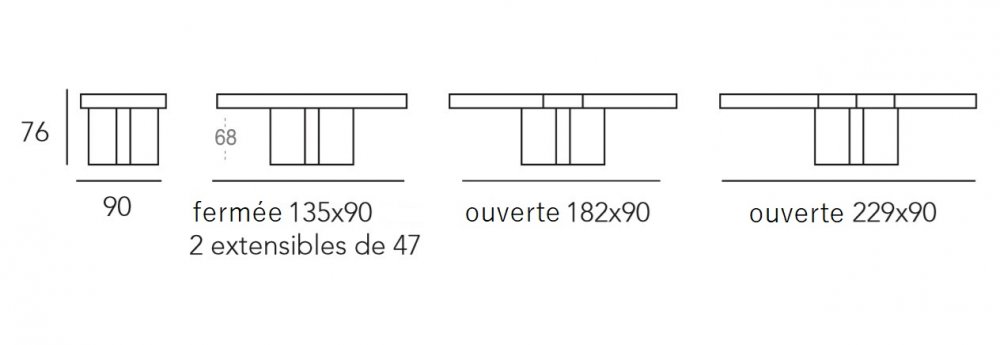 Table repas extensible TOTEM 8 couverts 135/229x90cm pied bois plateau noyer