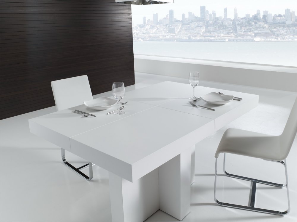 Table repas extensible TOTEM 8 couverts 135/229x90cm pied bois plateau laqué blanc