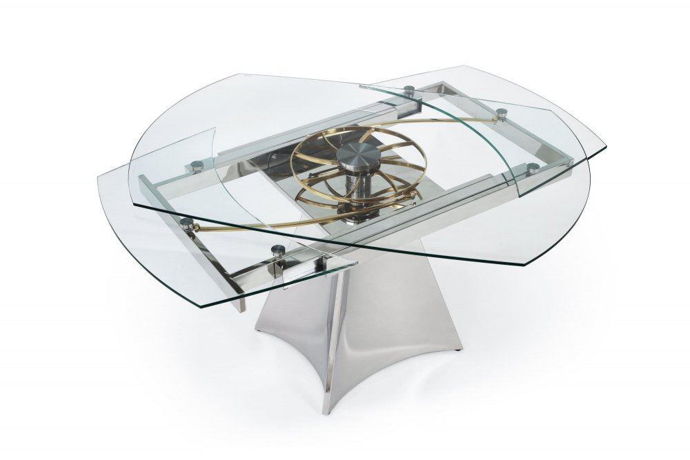 Table de repas extensible WATCH plateau verre transparent piétement métal chromé