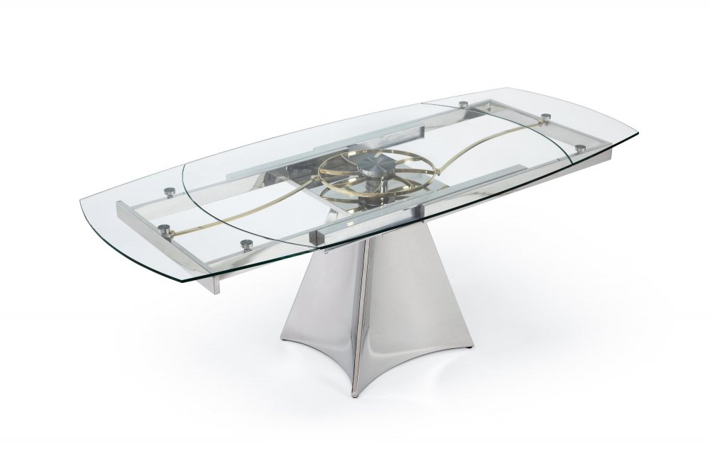 Table de repas extensible WATCH plateau verre transparent piétement métal chromé