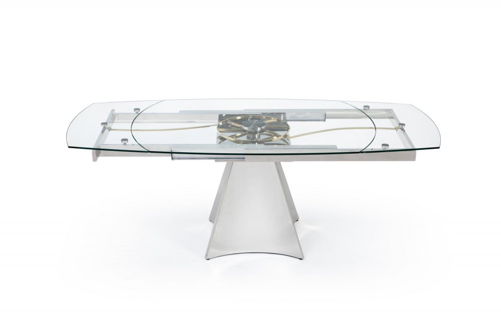 Table de repas extensible WATCH plateau verre transparent piétement métal chromé