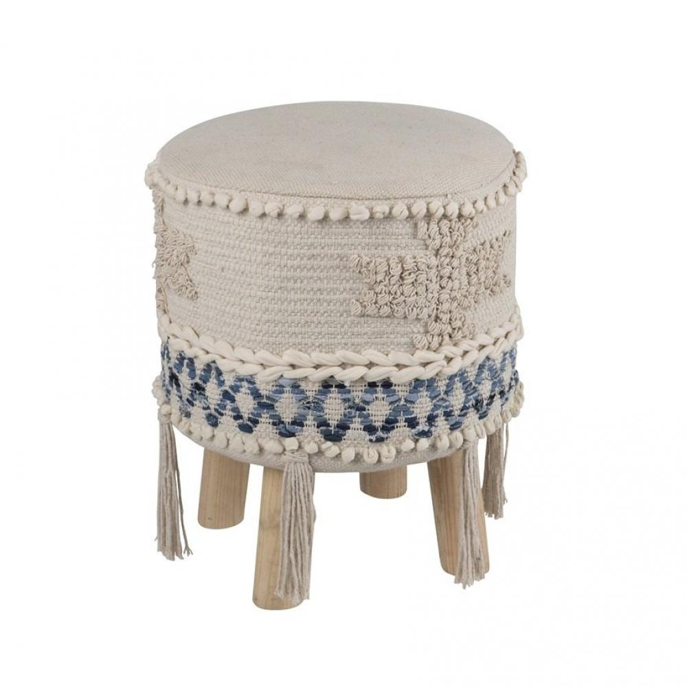 Tabouret Frange SANGA Coton Blanc / Bleu