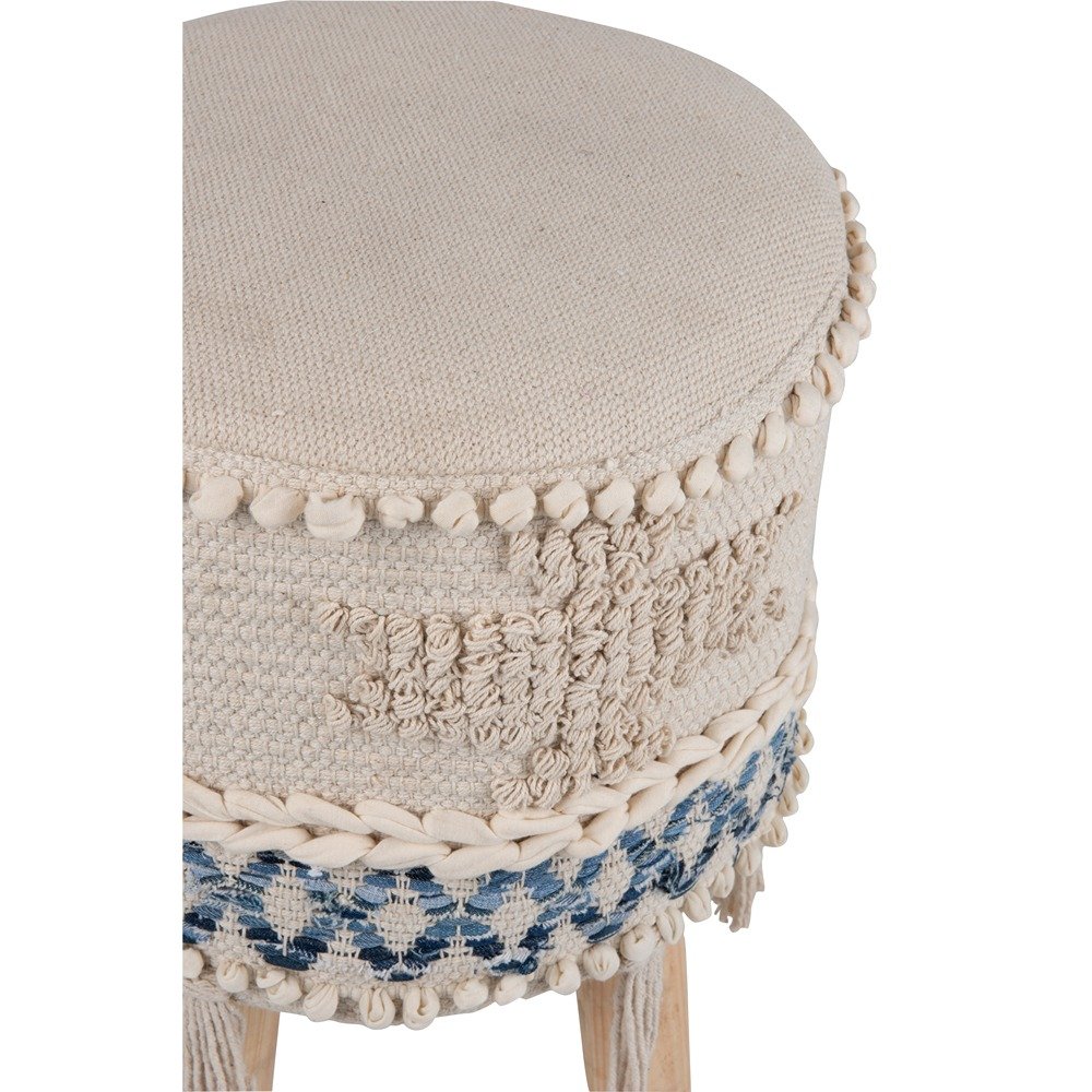 Tabouret Frange SANGA Coton Blanc / Bleu