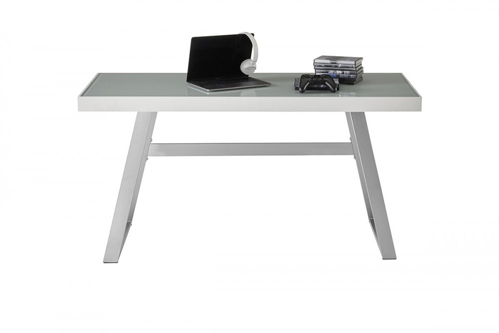 Bureau TODO 2  blanc mat plateau verre avec LED piétement acier brossé 