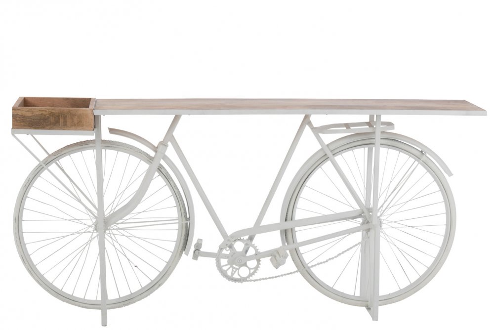 Console vélo rétro TROE en bois de manguier naturel et métal blanc