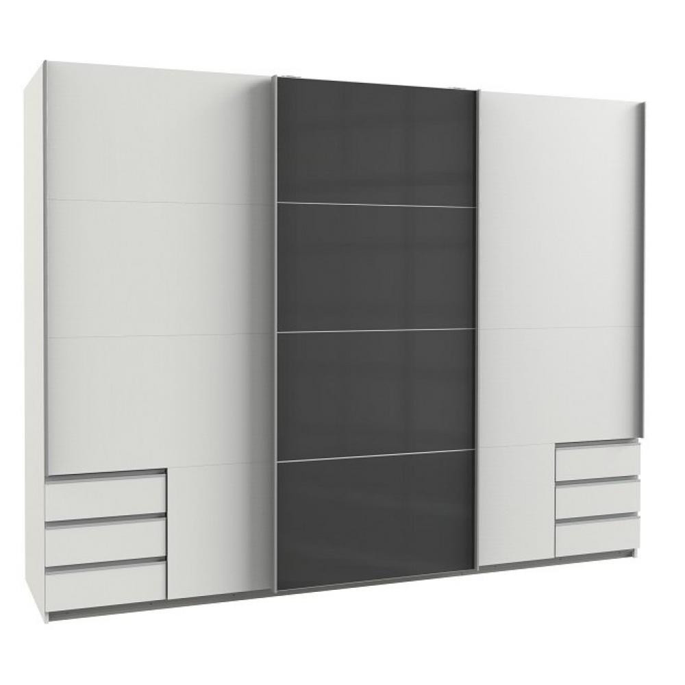 Armoire coulissante AURELIA 270cm blanc 6 tiroirs porte verre gris