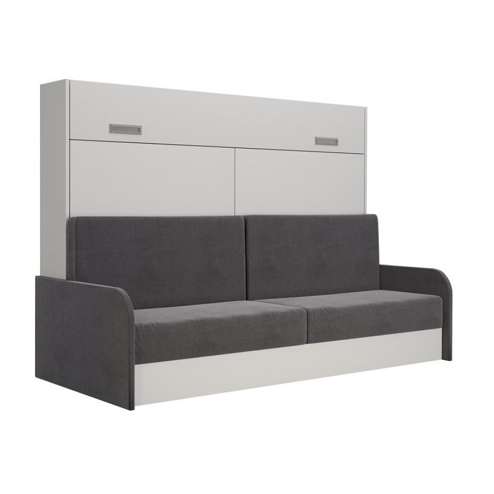 Armoire lit escamotable VERTIGO SOFA blanc accoudoirs + canapé tissu gris 140*200 cm