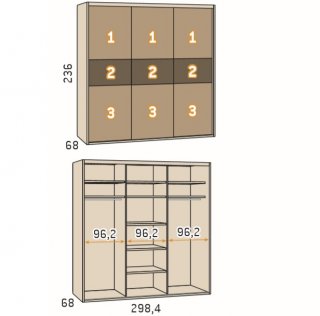 Armoire 3 portes coulissantes encastrées 298x236 Polar façade Essence Cobalto Laquée miroir central