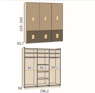 Armoire 3 portes coulissantes 296,2 x 220 couleur Arios frange Blanco Laquée porte miroir centrale