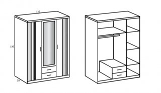 Armoire BELOU 3 portes 1 miroir 2 tiroirs décor graphite rechampis aspect clayettes chêne artisan 