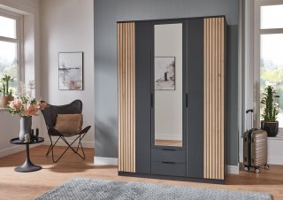 Armoire BELOU 3 portes 1 miroir 2 tiroirs décor graphite rechampis aspect clayettes chêne artisan 