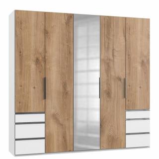 Armoire LISBETH 4 portes chêne 6 tiroirs blanc miroir central 250 x 236 cm hauteur