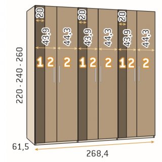 Armoire 6 portes Kubica 268,4 x 240 3 tiroirs Couleur Polar Cobalto Basalto Blanco Gris Pizzara Laquées  