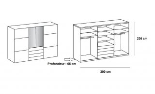 Armoire de rangement coulissante MARITA verre blanc 2 miroirs 3 tiroirs L 300 H 236 cm