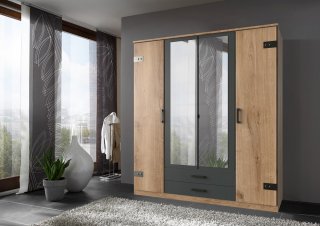 Armoire GALWAY style industriel 180 cm 4 portes 2 tiroirs chêne poutre