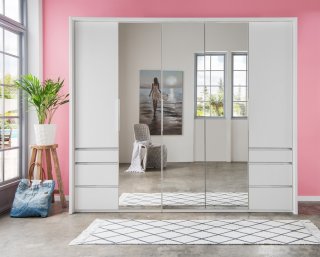 Armoire GRACE décor blanc 2 portes pliantes 1 porte tournante 6 tiroirs 3 miroirs 