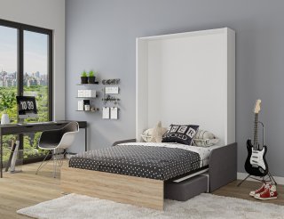 Armoire lit escamotable ALADYNO SOFA blanc bandeau chêne canapé gris 140*200 cm