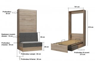 Armoire lit escamotable DYNAMO SOFA canapé intégré chêne naturel tissu gris 90*200 cm