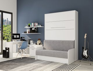 Armoire lit escamotable SOFA AUTOMATICA 160 cm blanche canapé gris MECANIQUE SEDAC MERAL