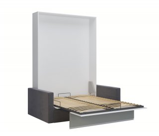 Armoire lit escamotable DJUKE SOFA blanc bandeau gris mat canapé gris 140*200 cm