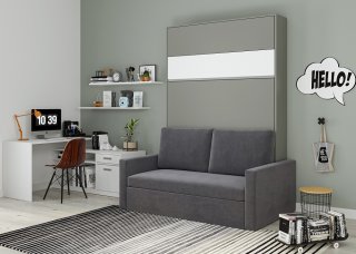 Armoire lit escamotable DJUKE SOFA gris bandeau blanc mat canapé gris 140*200 cm