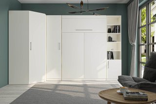 Composition armoire lit escamotable angle LUTECIA blanc mat 350 x 100 cm couchage 140*190 cm