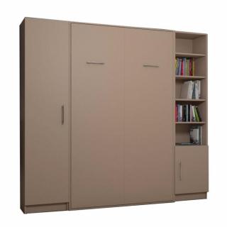Composition armoire lit escamotable SMART-V2 Taupe mat Couchage 140 x 200 cm colonne armoire et bibliothèque