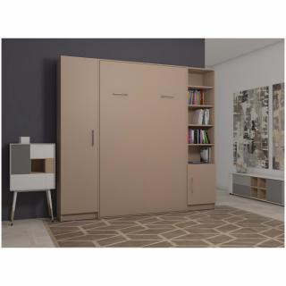 Composition armoire lit escamotable SMART-V2 Taupe mat Couchage 140 x 200 cm colonne armoire et bibliothèque