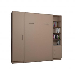 Composition armoire lit escamotable SMART-V2 Taupe mat Couchage 140 x 200 cm colonne armoire et bibliothèque