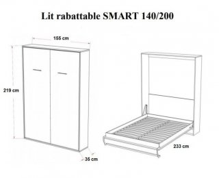 Composition armoire lit SMART-V2 façade blanc brillant 140*200 cm colonnes blanc mat