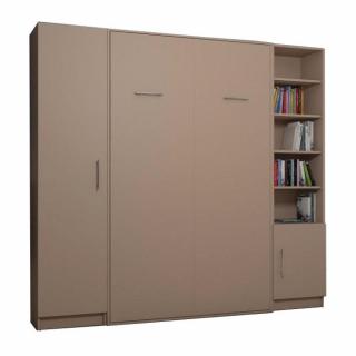 Composition armoire lit escamotable SMART-V2 Taupe mat Couchage 160 x 200 cm colonne armoire et bibliothèque