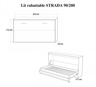 Armoire lit horizontale escamotable STRADA-V2 structure blanc mat façade blanc brillant couchage 90*200 cm.