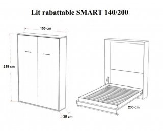 Armoire lit escamotable SMART-V2 structure gris graphite mat, façade Gloss blanc brillant 140*200 cm