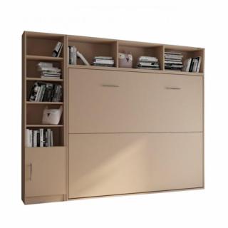 Composition armoire lit horizontale STRADA-V2 taupe mat Couchage 160*200 avec surmeuble et 1 colonne bibliothèque