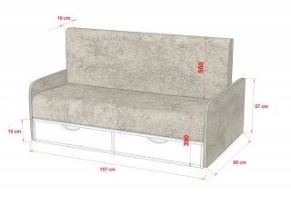 Lit escamotable style industriel KEY  SOFA chêne canapé accoudoirs tissu gris 140*200 cm