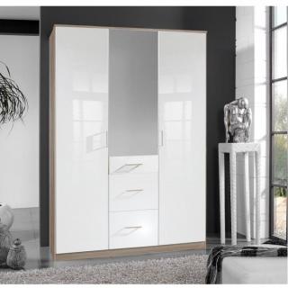 Armoire COOPER 3 portes 3 tiroirs largeur 135 laqué blanc / décor chêne