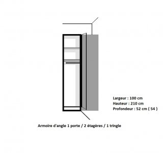 Armoire penderie angle 1 porte droite ARLITEC largeur 100 cm profondeur 52 cm 