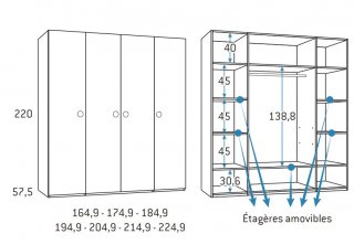 Armoire 4 portes 194,9 x 57,5 x 220 cm finition chêne blanchis